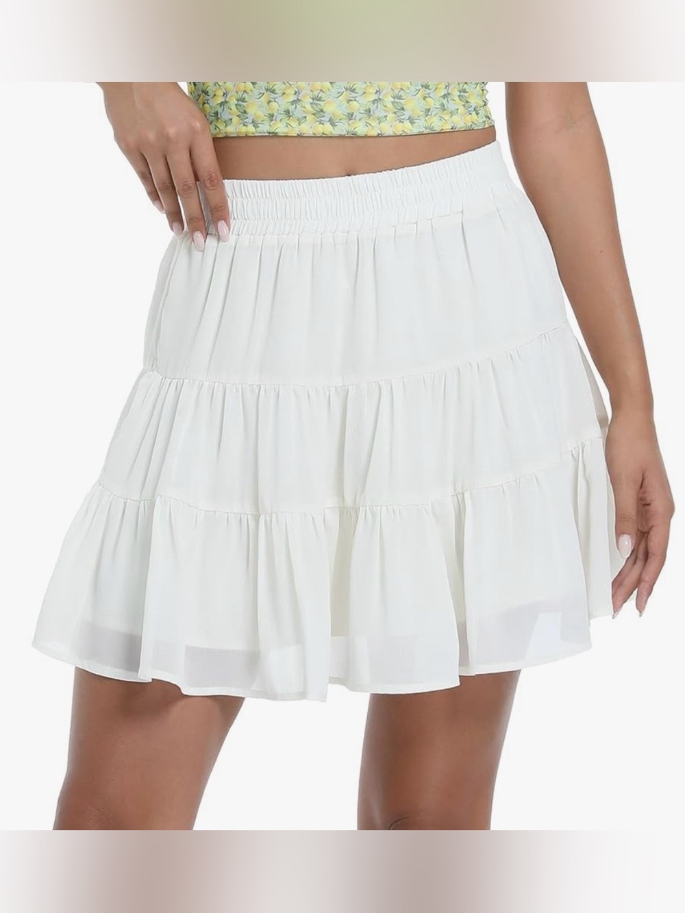 Tsher White Tiered Mini Skirt Women’s Small Lined Elastic Waist Boho Flowy Beach